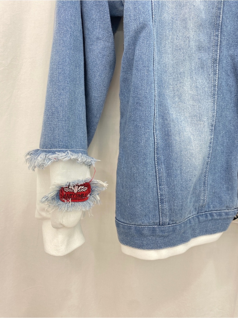 The World Distress Denim Hoodie Jacket Large